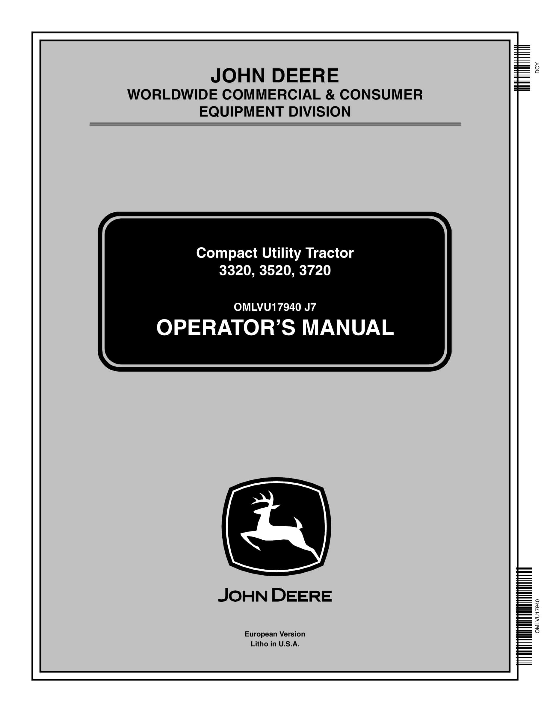 John Deere 3320, 3520, 3720 Compact Utility Tractors Operator Manuals OMLVU17940-1