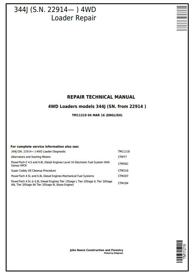 John Deere 344J 4WD Loader Repair Technical Manual TM11219