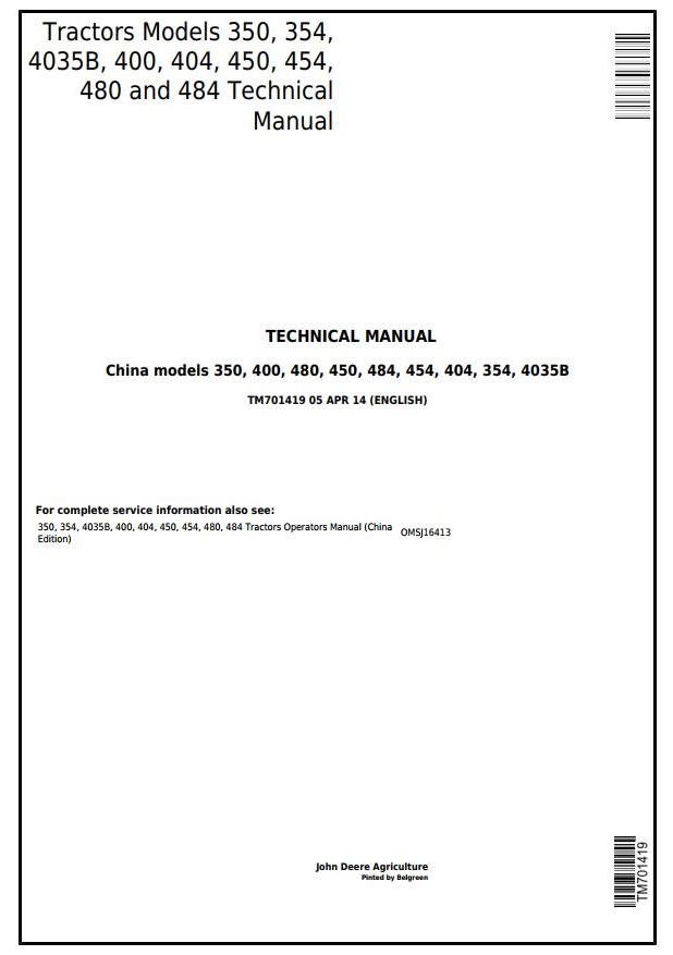 John Deere 350 to 484 China Tractor Technical Manual TM701419