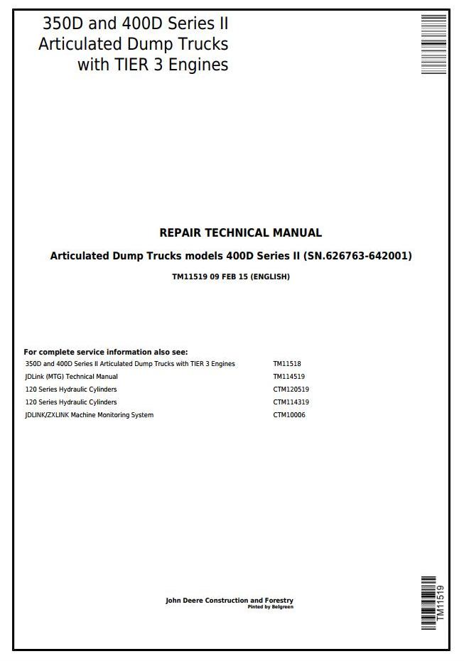 John Deere 350D 400D Series II Articulated Dump Truck Repair Technical Manual TM11519