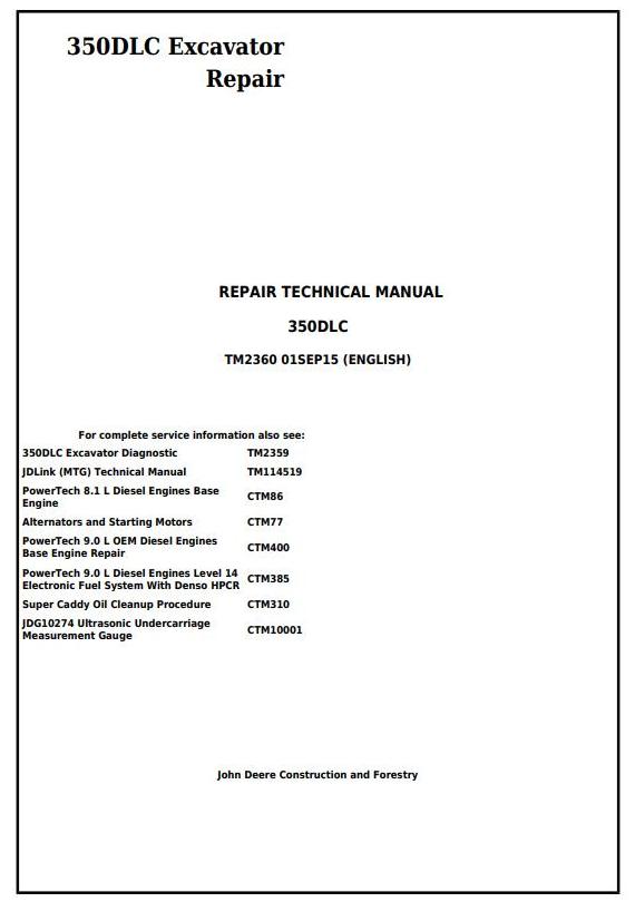 John Deere 350DLC Excavator Repair Technical Manual TM2360