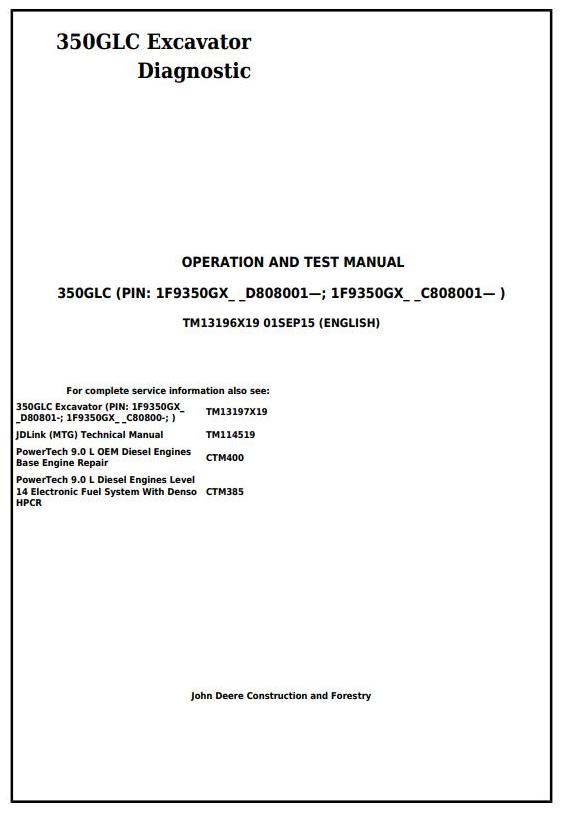 John Deere 350GLC Excavator Diagnostic Operation Test Manual TM13196X19