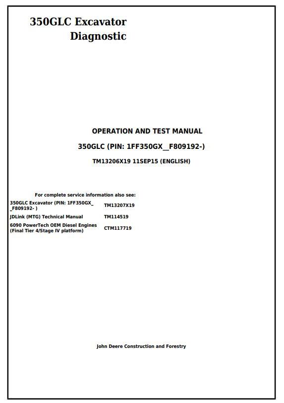 John Deere 350GLC Excavator Diagnostic Operation Test Manual TM13206X19