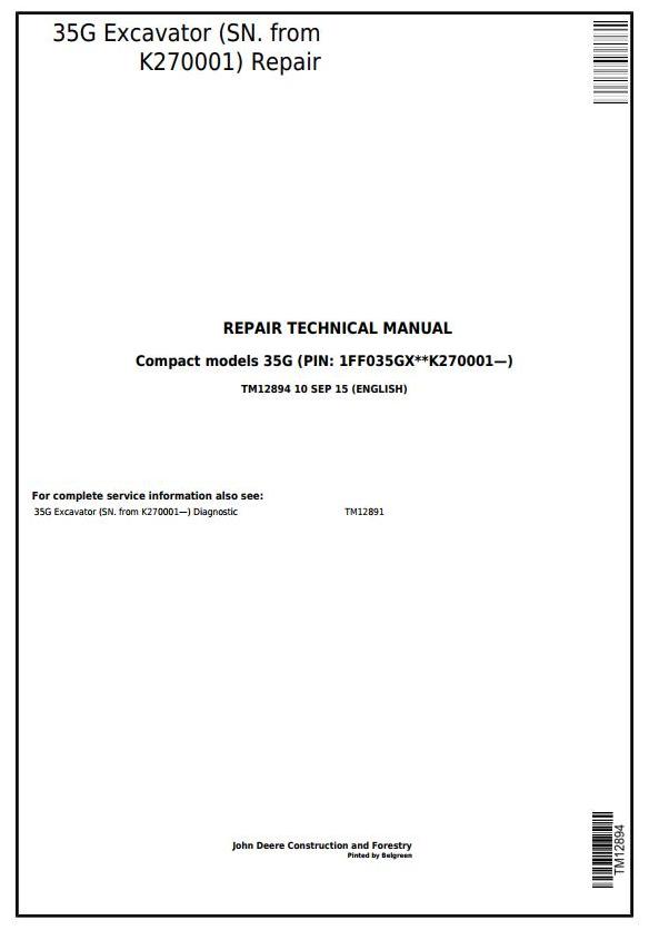 John Deere 35G Excavator Repair Technical Manual TM12894