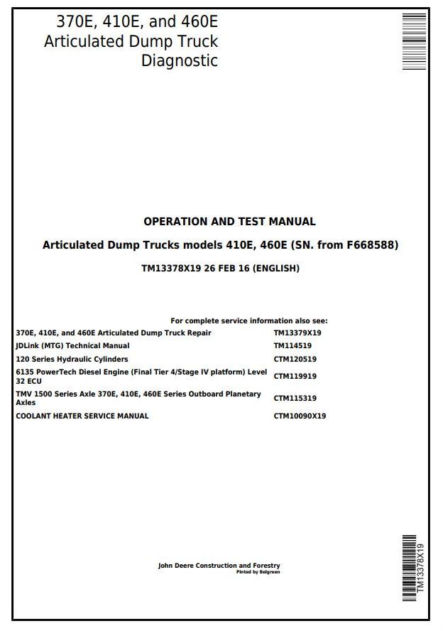 John Deere 370E 410E 460E Articulated Dump Truck Diagnostic Operation Test Manual TM13378X19