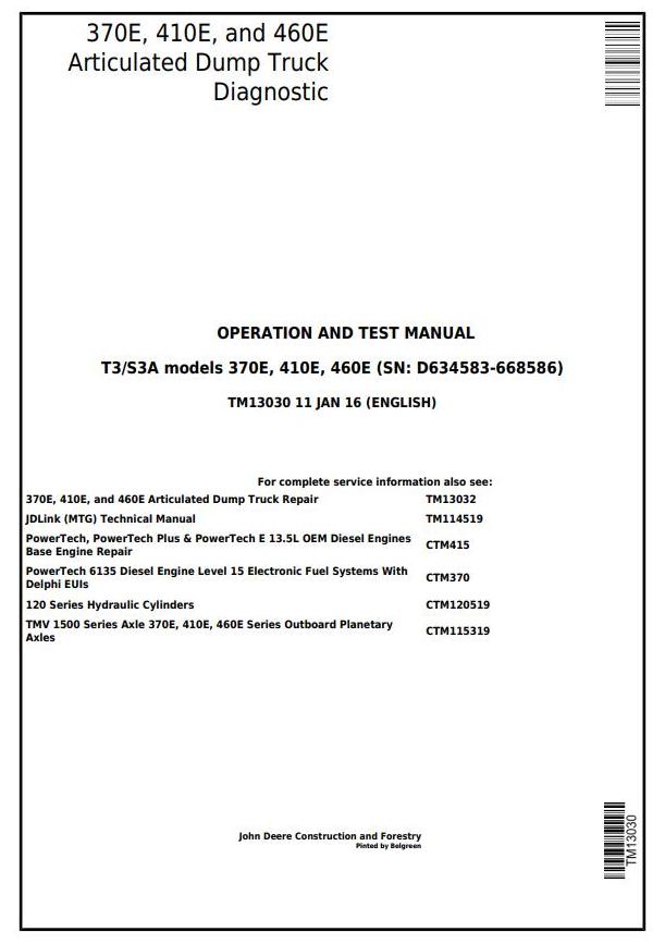 John Deere 370E 410E 460E Articulated Dump Truck Operation Test Manual TM13030