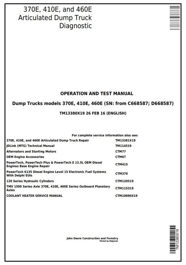 John Deere 370E 410E 460E Articulated Dump Truck Operation Test Manual TM13380X19