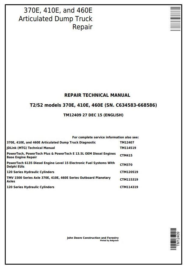 John Deere 370E 410E 460E Articulated Dump Truck Repair Technical Manual TM12409