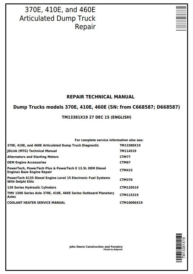 John Deere 370E 410E 460E Articulated Dump Truck Repair Technical Manual TM13381X19