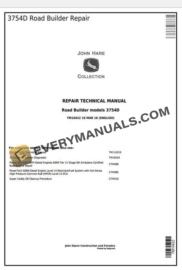 John Deere 3754D Road Builder Repair Technical Manual TM10422