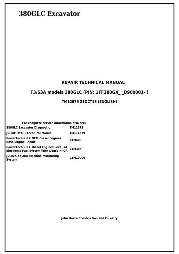 John Deere 380GLC Excavator Repair Technical Manual TM12575