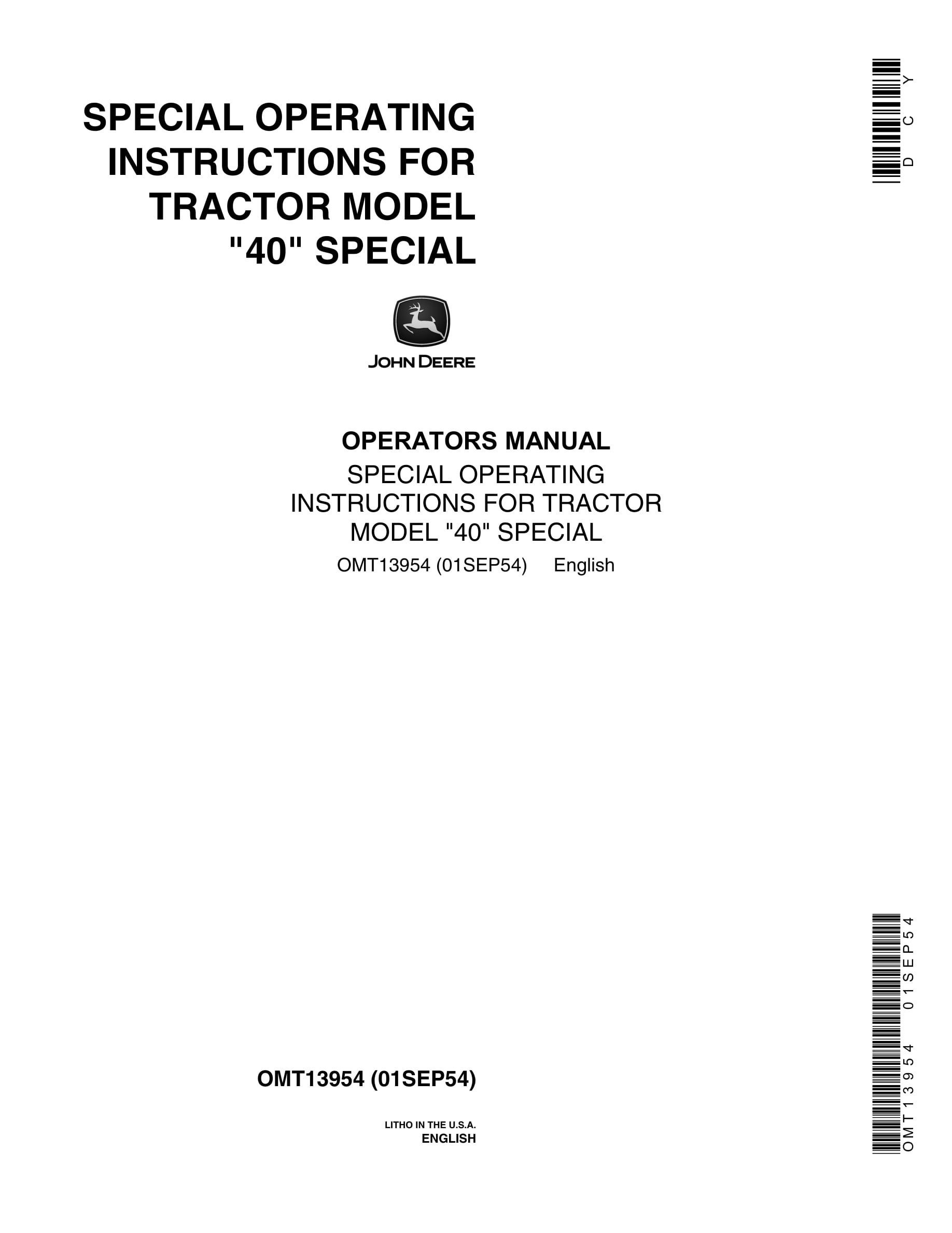 John Deere 40 Special Tractor Operator Manual OMT1395-1