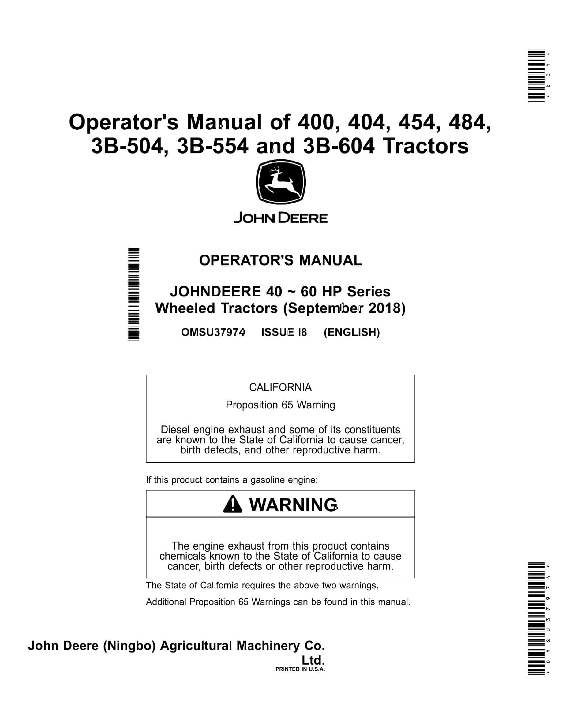 John Deere 400, 404, 454, 484, 3b-504, 3b-554 And 3b-604 Tractors Operator Manuals OMSU37974-1
