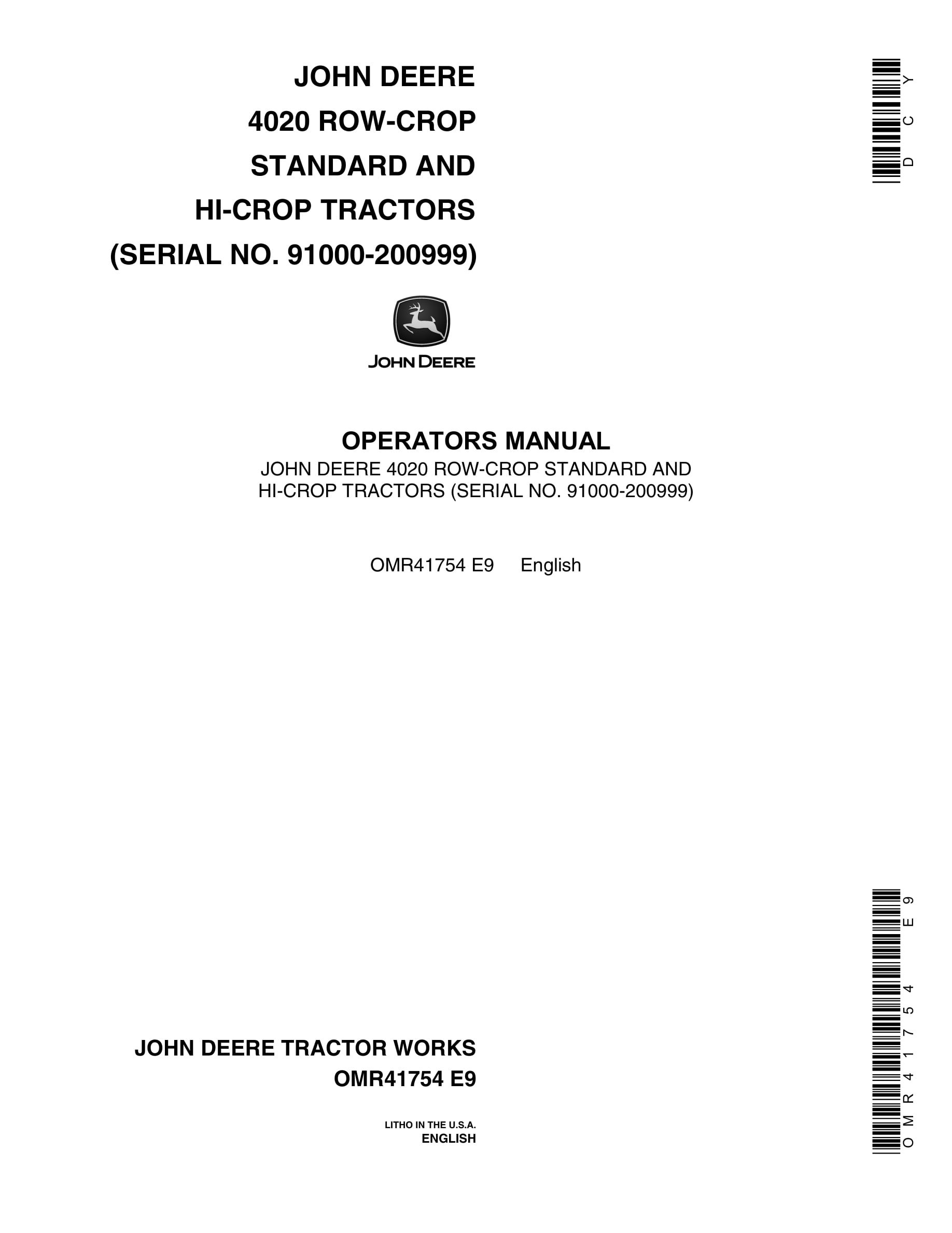 John Deere 4020 Tractor Operator Manual OMR41754-1