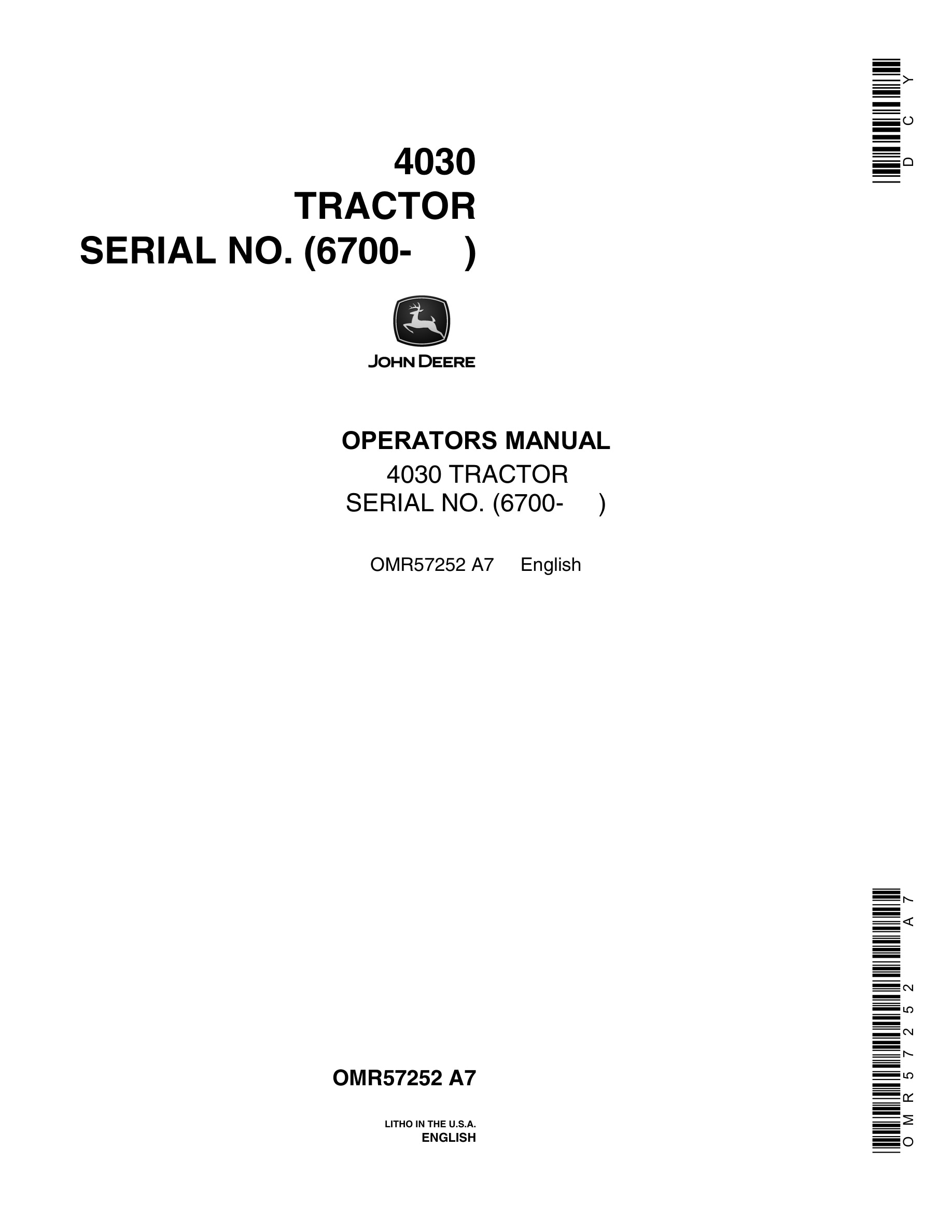 John Deere 4030 Tractor Operator Manual OMR57252-1