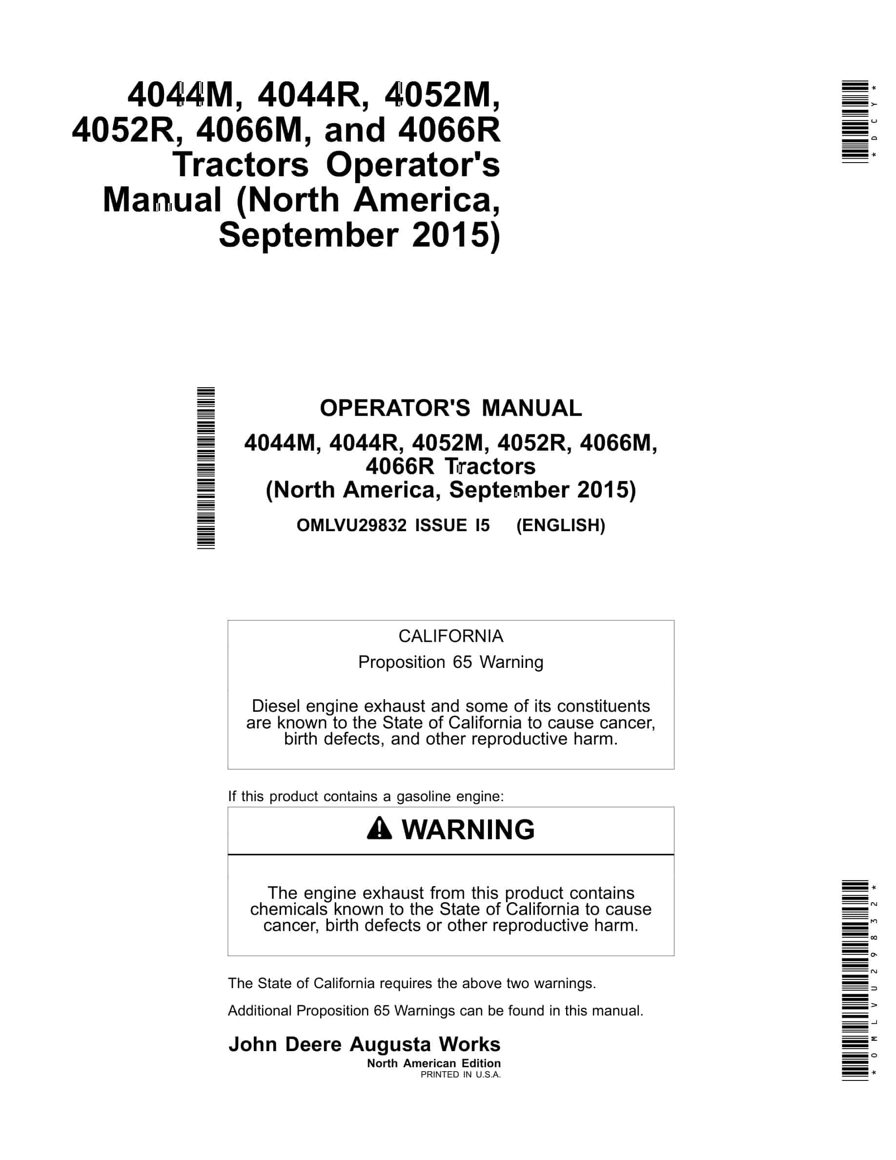 John Deere 4044M,4044R,4052M,4052R,4066M, 4066R Tractor Operator Manual OMLVU29832-1
