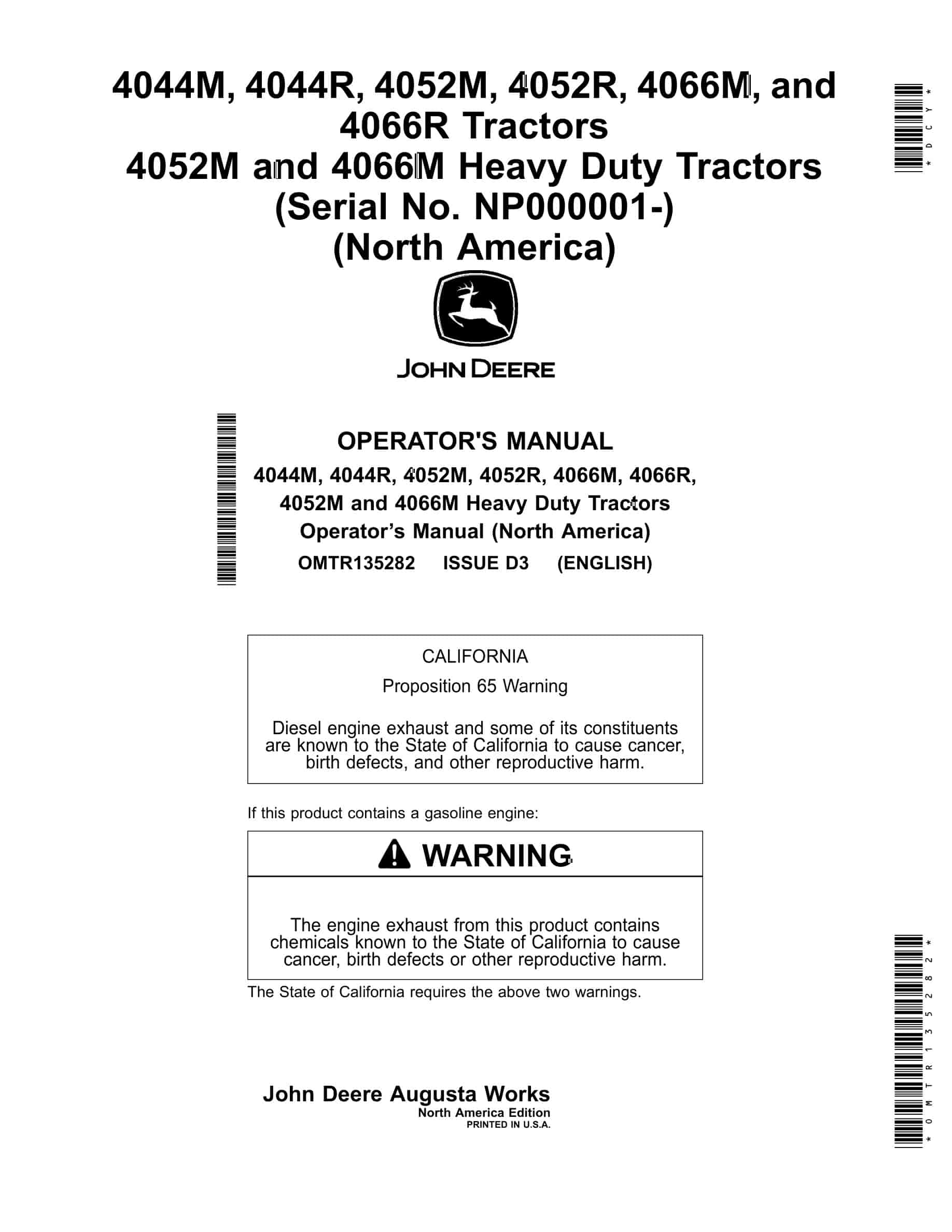 John Deere 4044m, 4044r, 4052m, 4052r, 4066m, 4066r, 4052m And 4066m Heavy Duty Tractors Operator Manuals OMTR135282-1