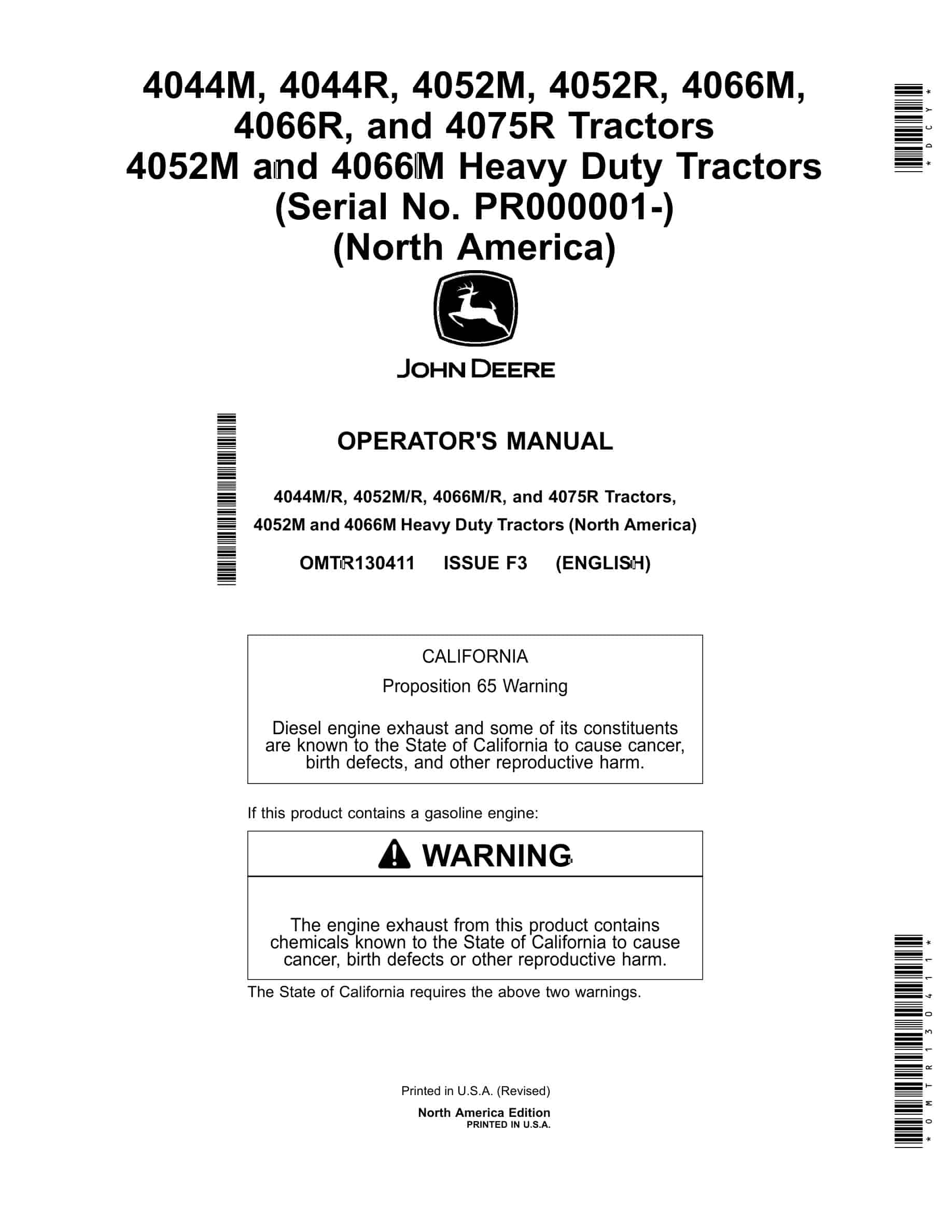 John Deere 4044m R, 4052m R, 4066m R, And 4075r Tractors, 4052m And 4066m Heavy Duty Tractors Operator Manuals OMTR130411-1
