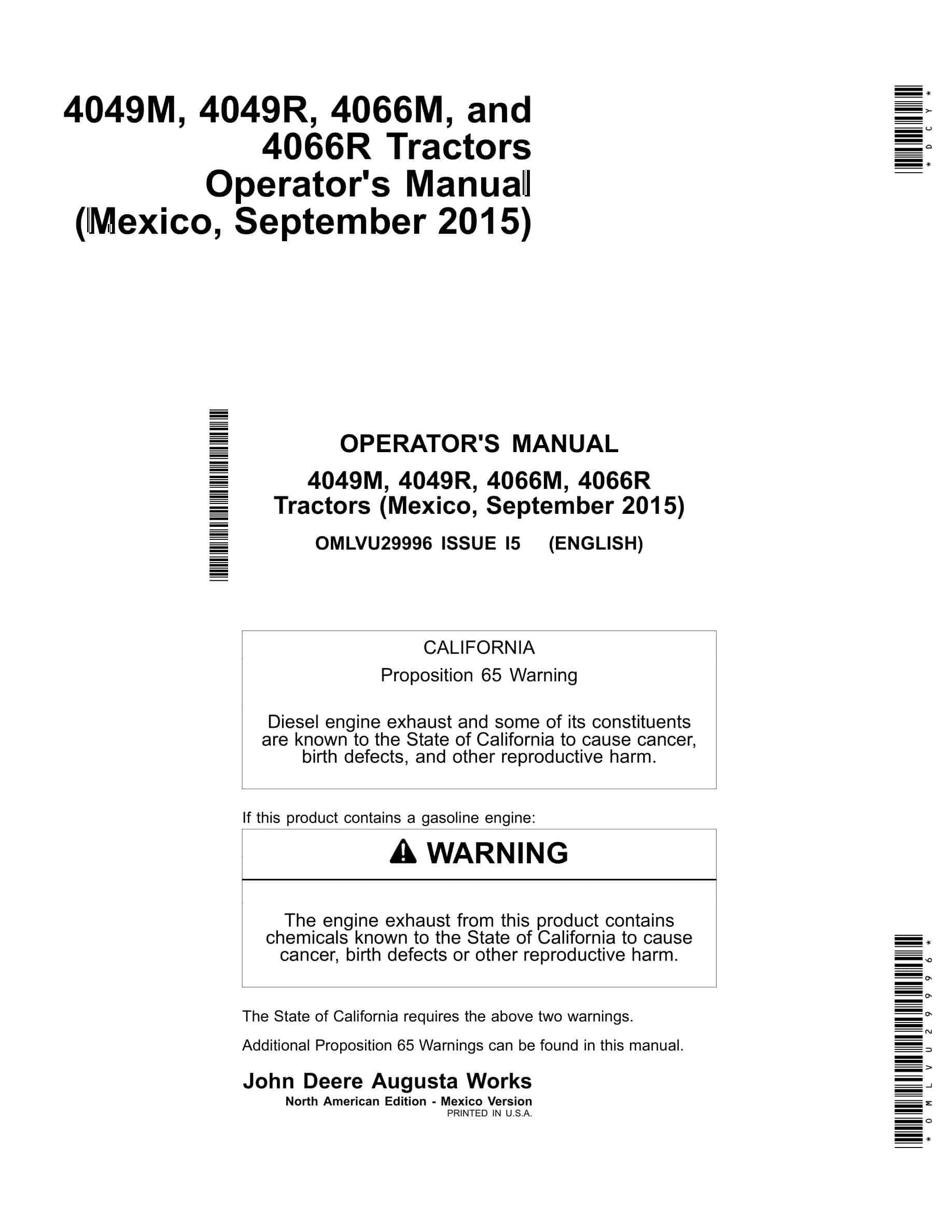 John Deere 4049M, 4049R, 4066M, 4066R Tractor Operator Manual OMLVU29996-1
