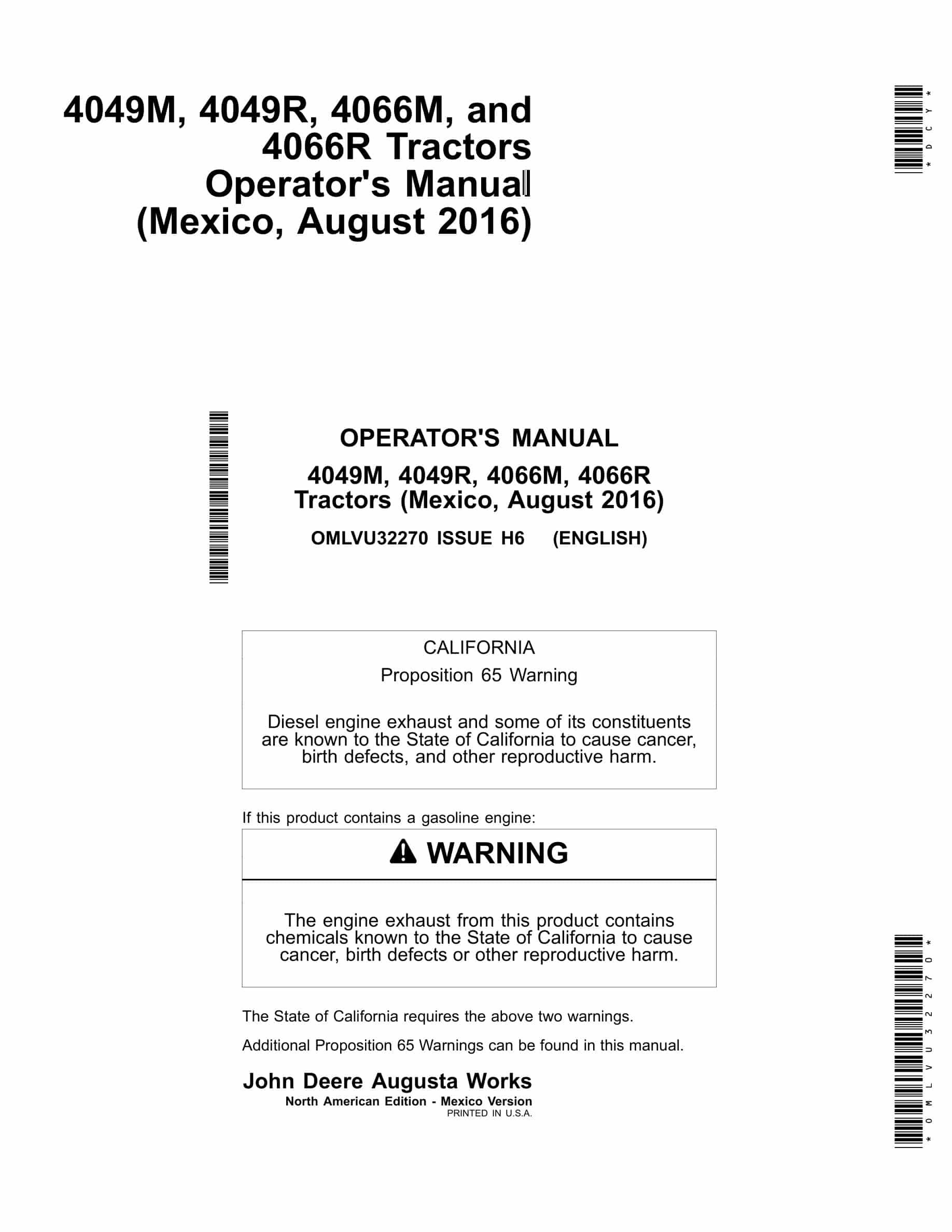 John Deere 4049M, 4049R, 4066M, 4066R Tractor Operator Manual OMLVU32270-1