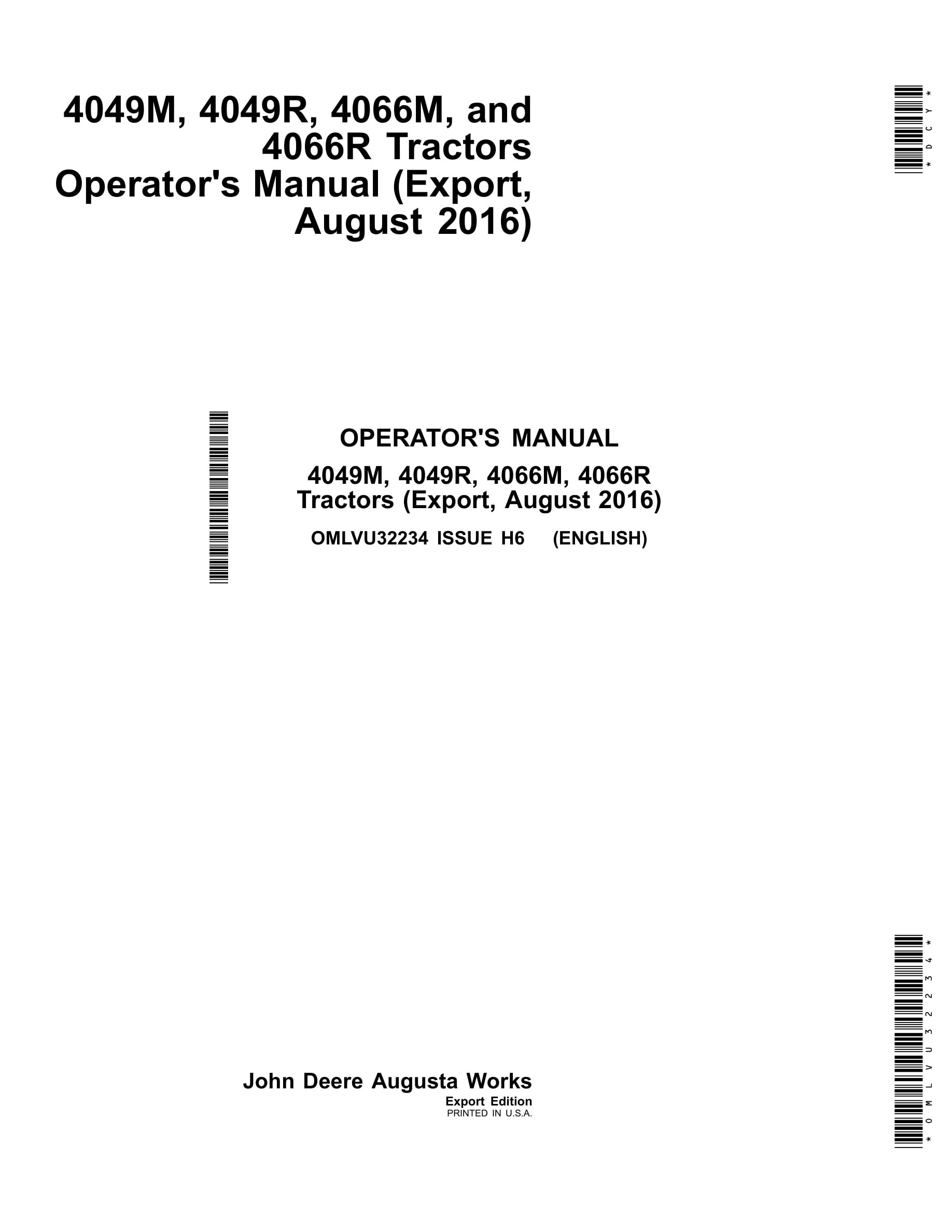 John Deere 4049m, 4049r, 4066m, 4066r Tractors Operator Manuals OMLVU32234-1