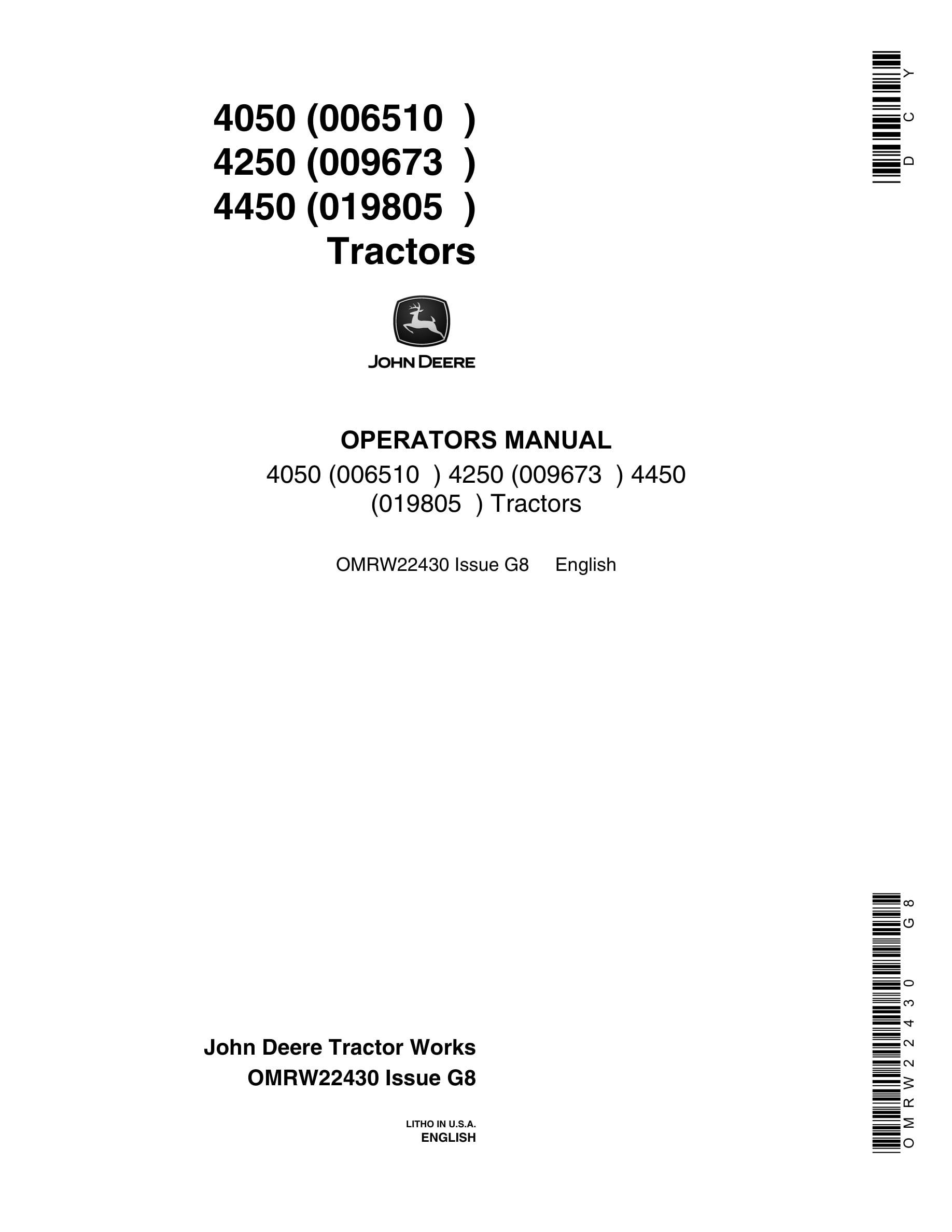 John Deere 4050 4250 4450 Tractor Operator Manual OMRW22430-1