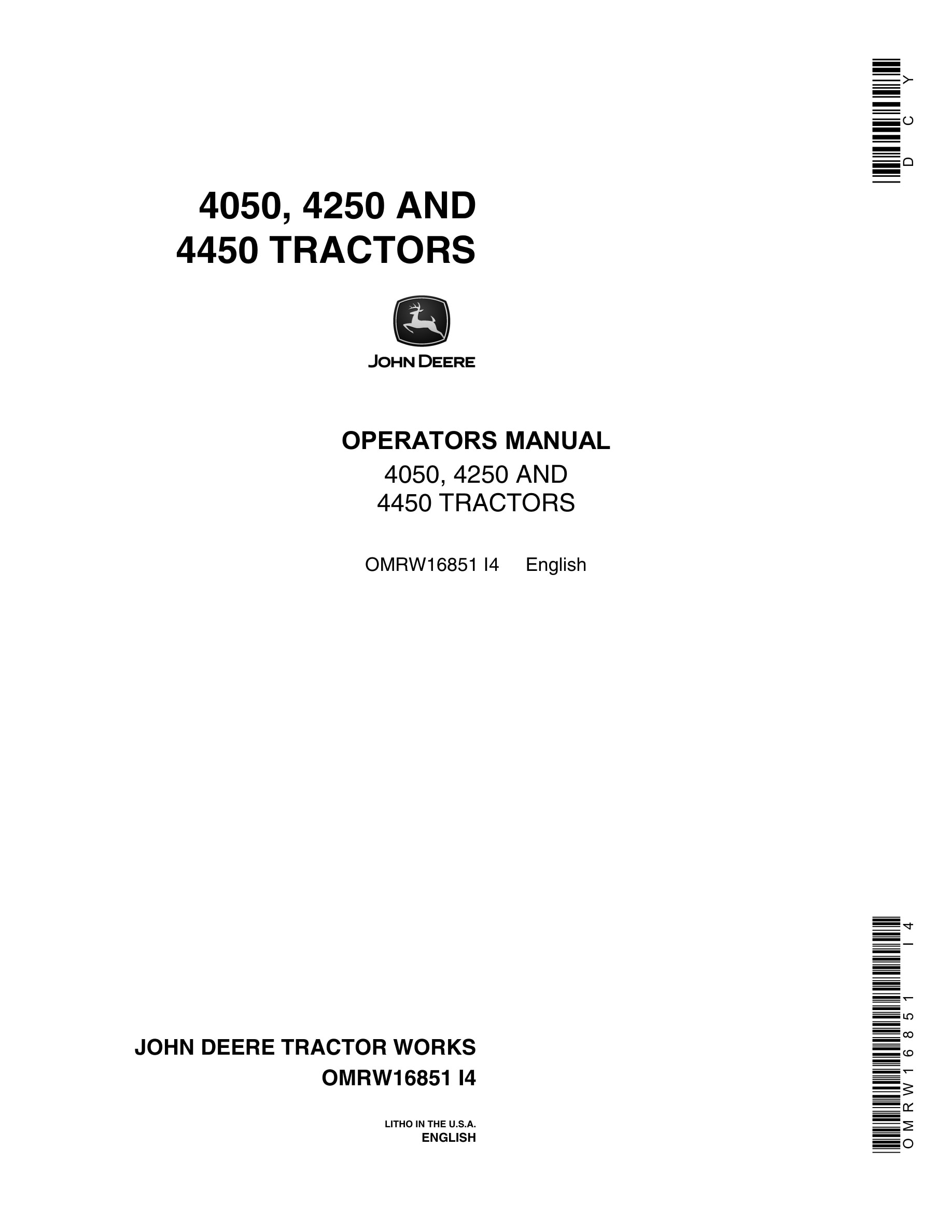 John Deere 4050, 4250 AND 4450 Tractor Operator Manual OMRW16851-1
