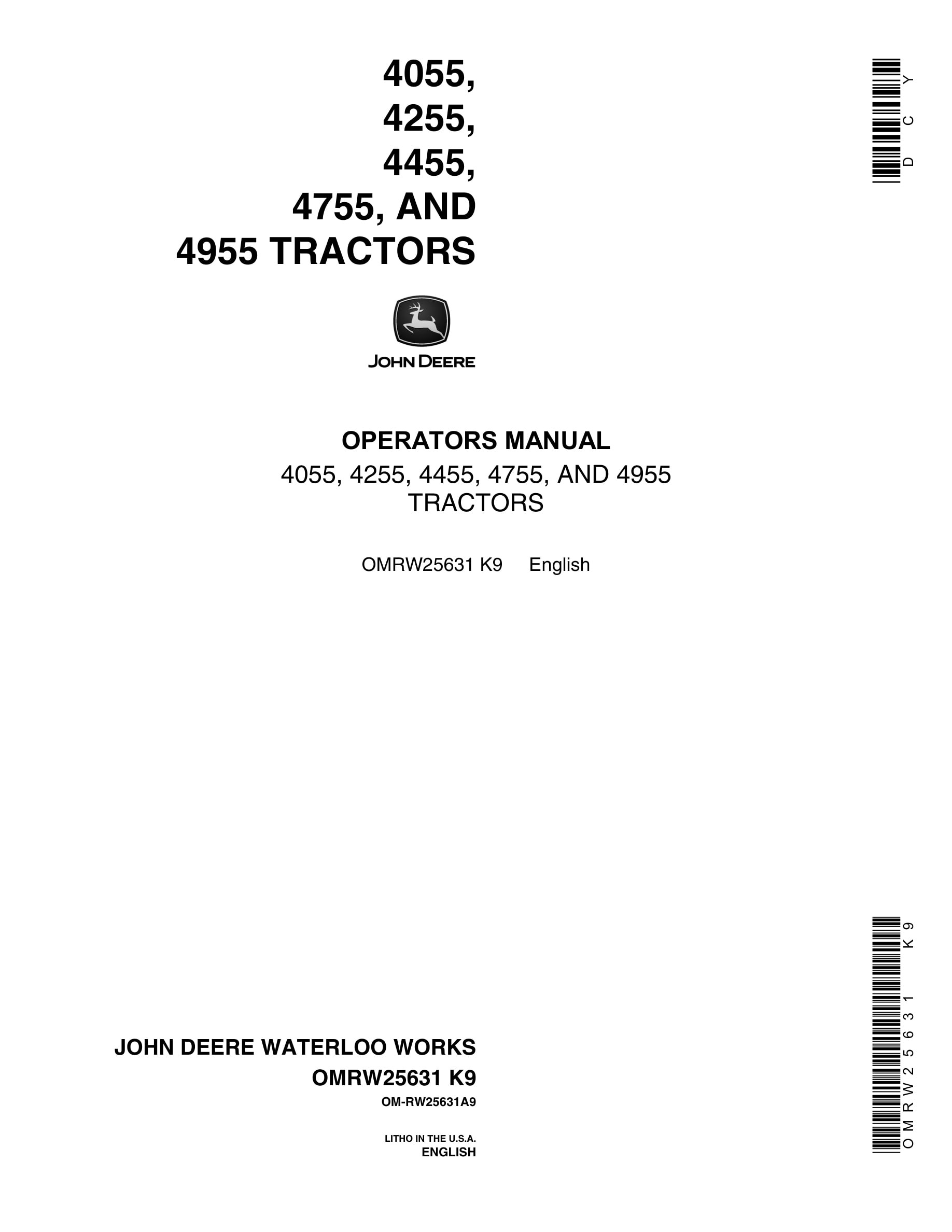 John Deere 4055, 4255, 4455, 4755, And 4955 Tractors Operator Manuals OMRW25631-1