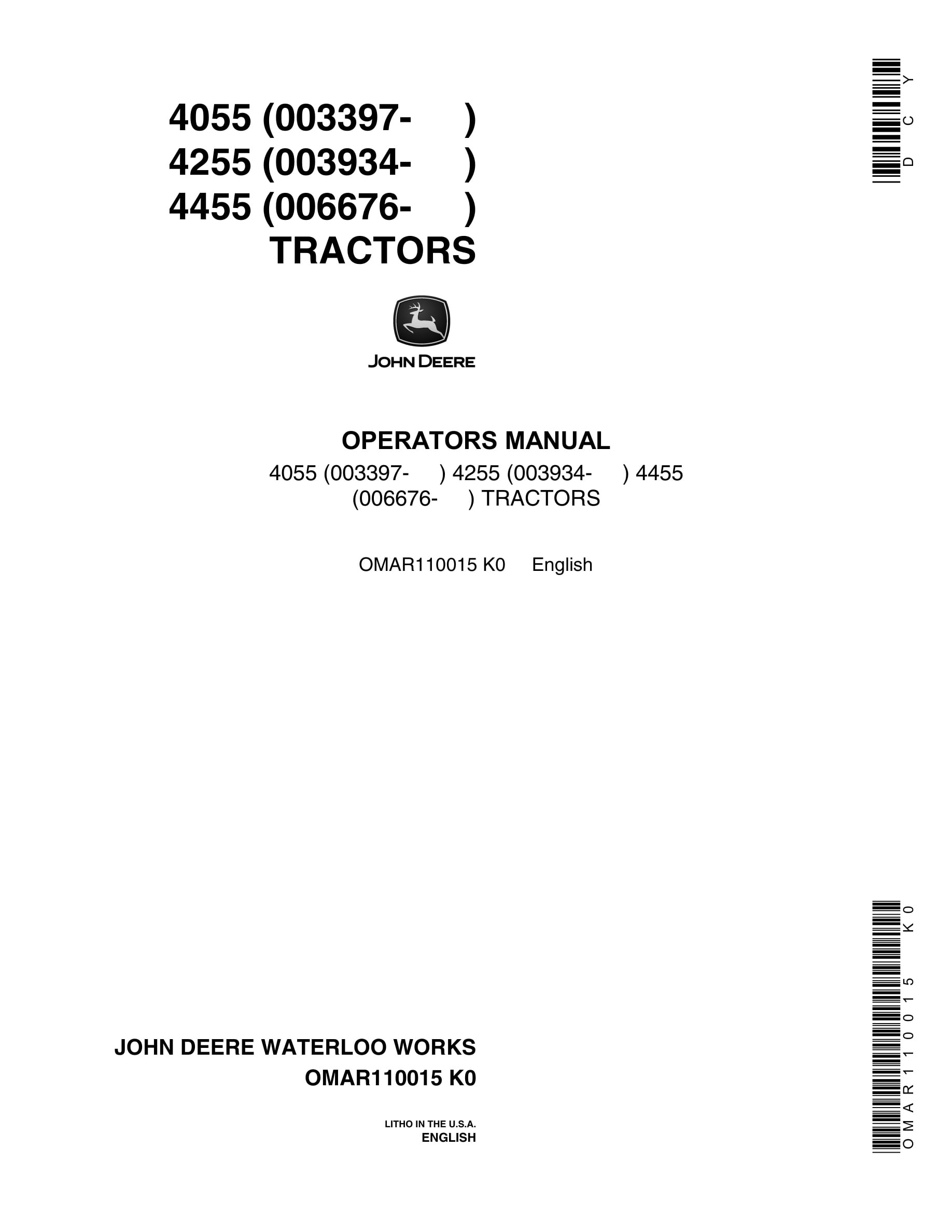 John Deere 4055 4255 4455 Tractor Operator Manual OMAR110015-1