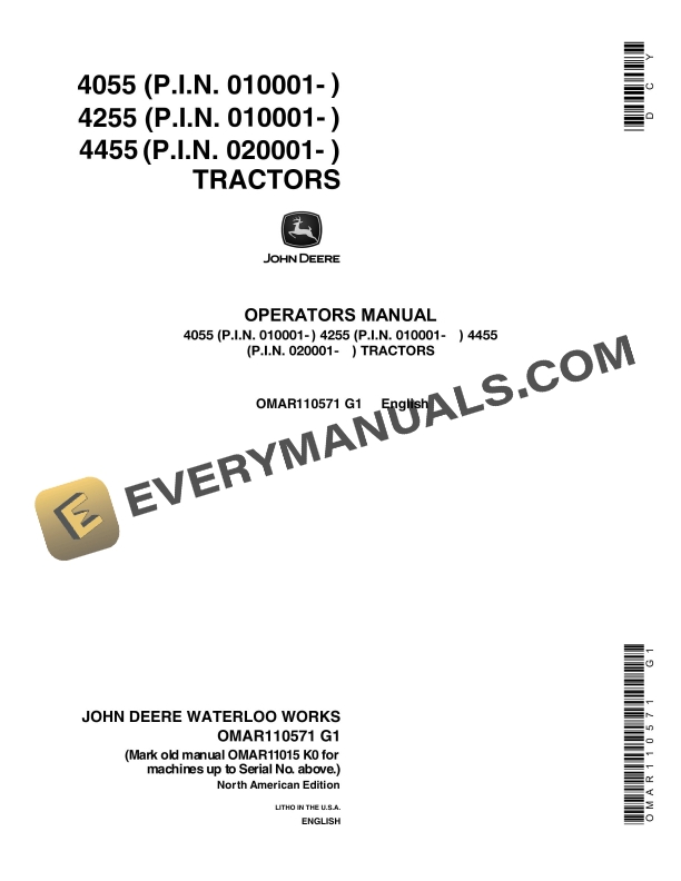 John Deere 4055 4255 4455 Tractor Operator Manual OMAR110571
