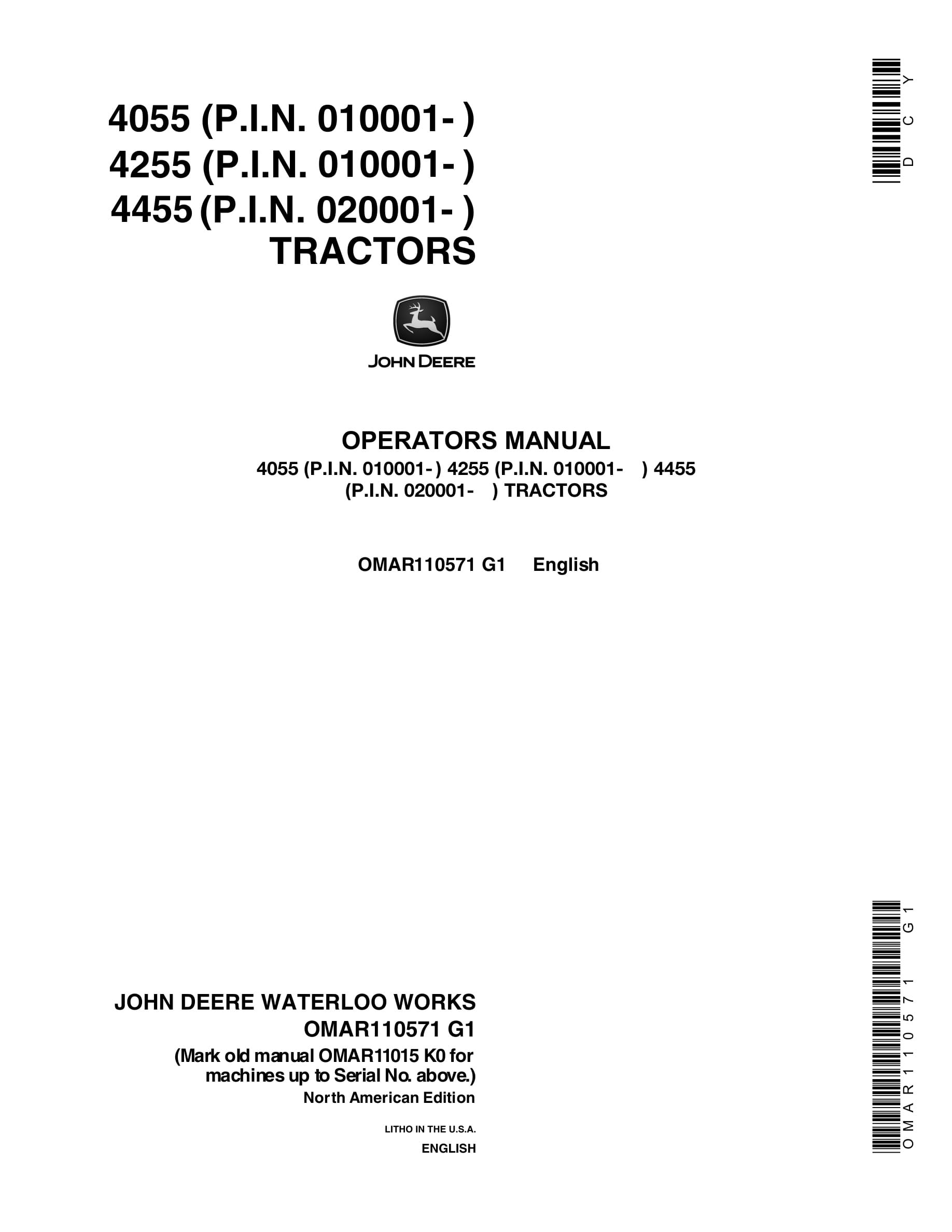 John Deere 4055 4255 4455 Tractor Operator Manual OMAR110571-1