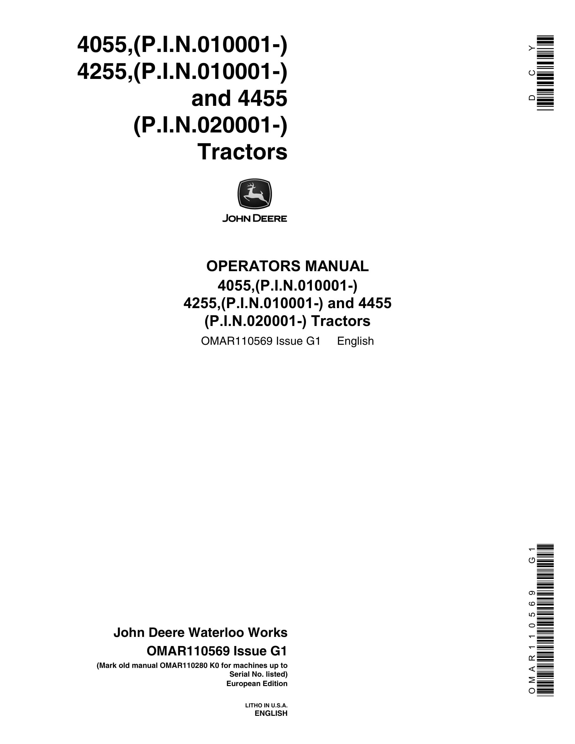 John Deere 4055 4255 4455 Trators Operator Manual OMAR11056-1