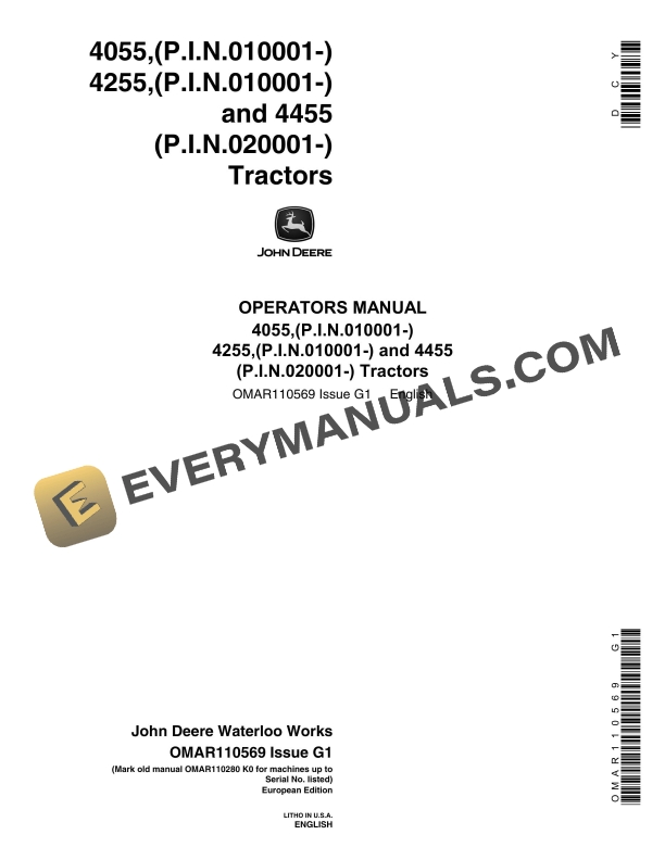 John Deere 4055 4255 4455 Trators Operator Manual OMAR11056