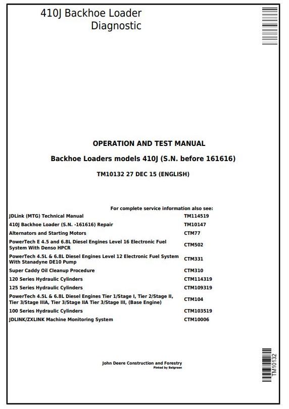 John Deere 410J Backhoe Loader Diagnostic Operation Test Manual TM10132