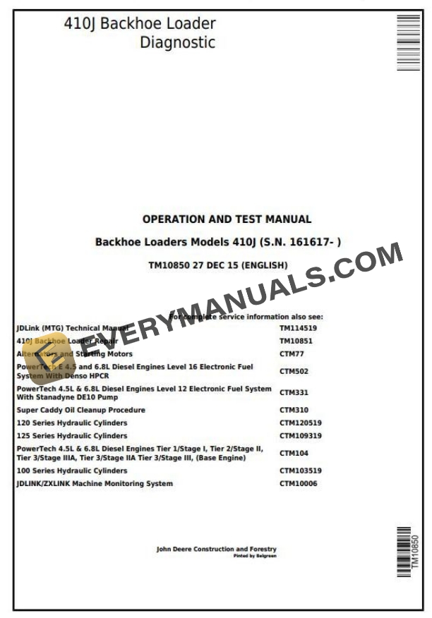 John Deere 410J Backhoe Loader Diagnostic Operation Test Manual TM10850