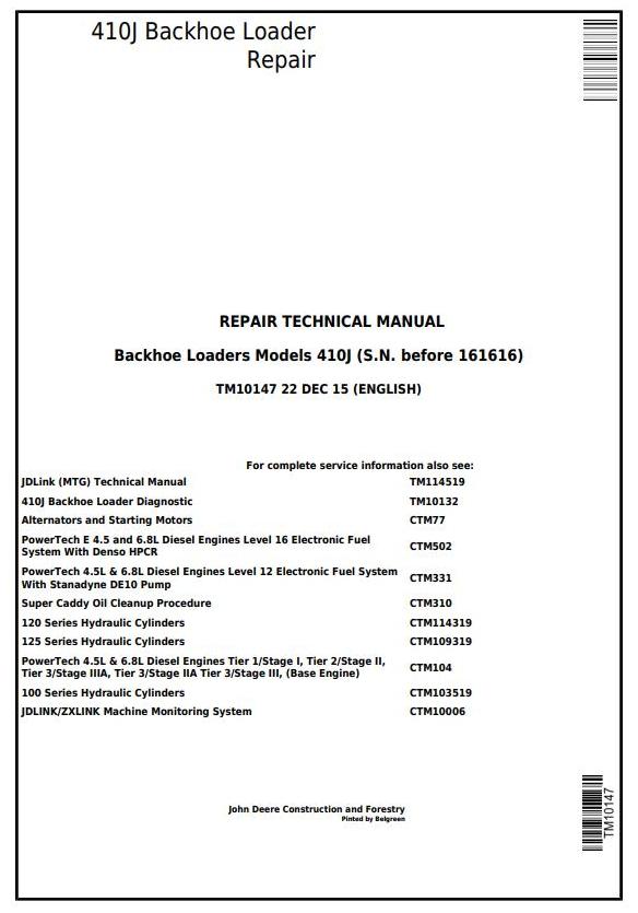 John Deere 410J Backhoe Loader Repair Technical Manual TM10147