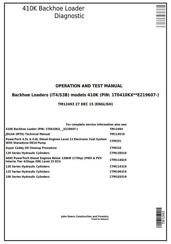 John Deere 410K Backhoe Loader Operation Test Manual TM12493