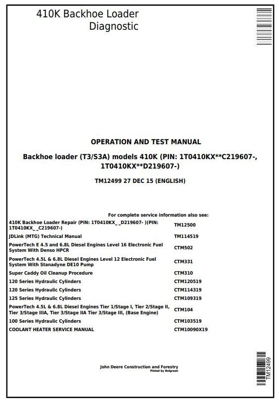 John Deere 410K Backhoe Loader Operation Test Manual TM12499