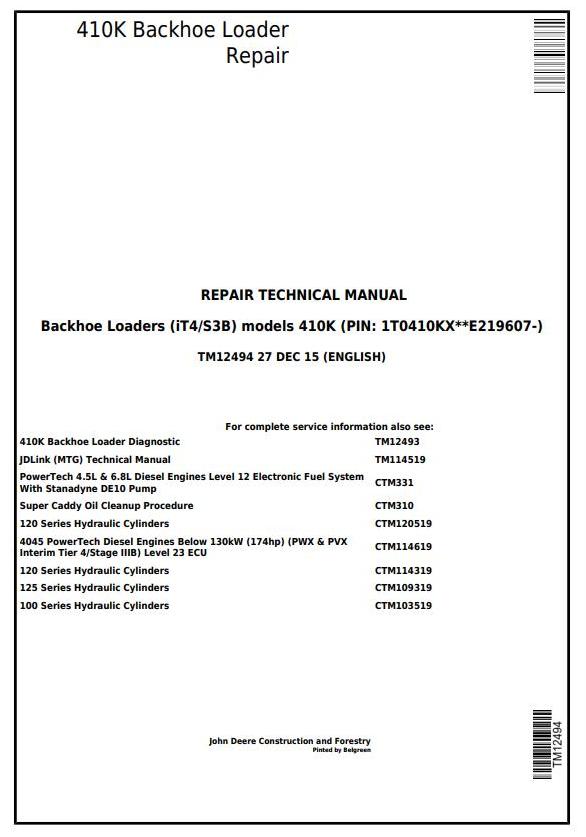 John Deere 410K Backhoe Loader Repair Technical Manual TM12494