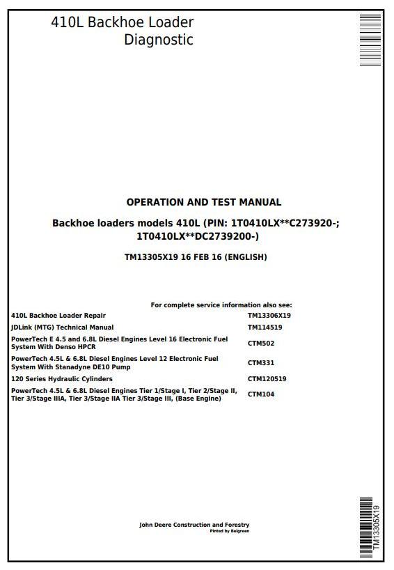 John Deere 410L Backhoe Loader Diagnostic Operation Test Manual TM13305X19