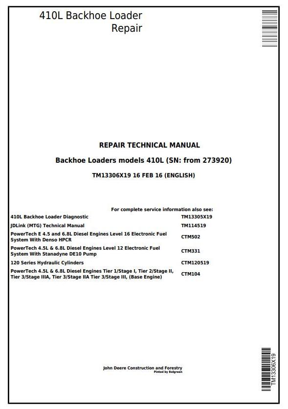 John Deere 410L Backhoe Loader Repair Technical Manual TM13306X19