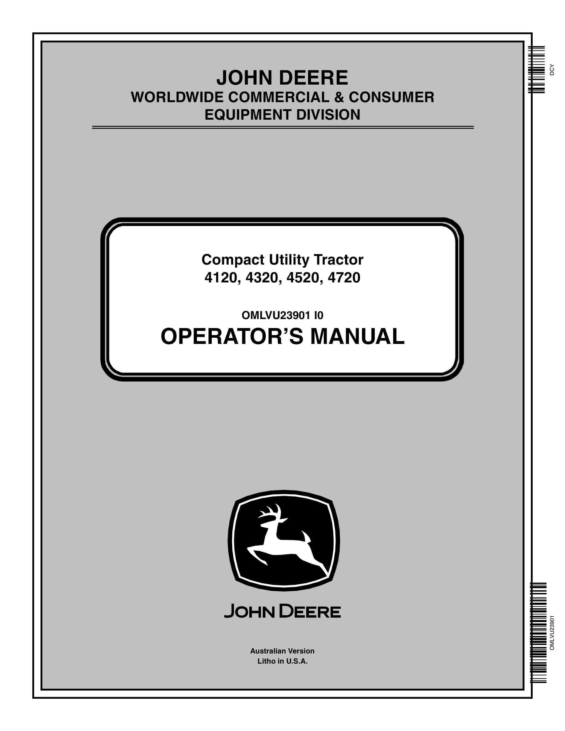 John Deere 4120, 4320, 4520, 4720 Compact Utility Tractors Operator Manual OMLVU23901-1