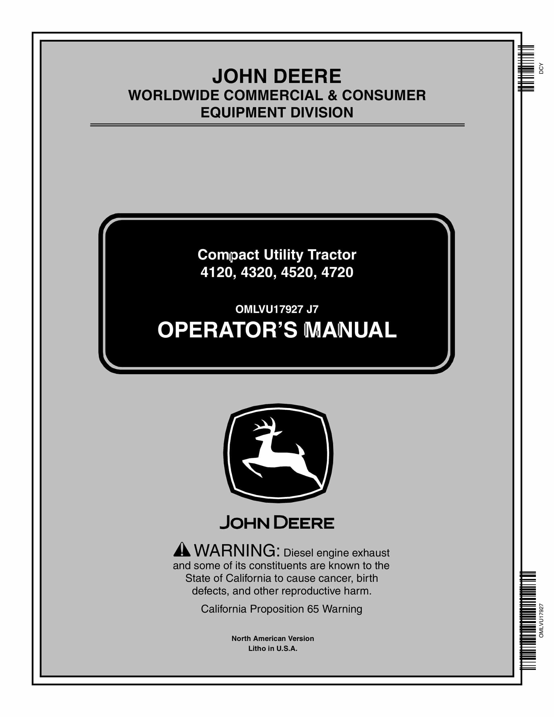 John Deere 4120, 4320, 4520, 4720 Tractor Operator Manual OMLVU17927-1