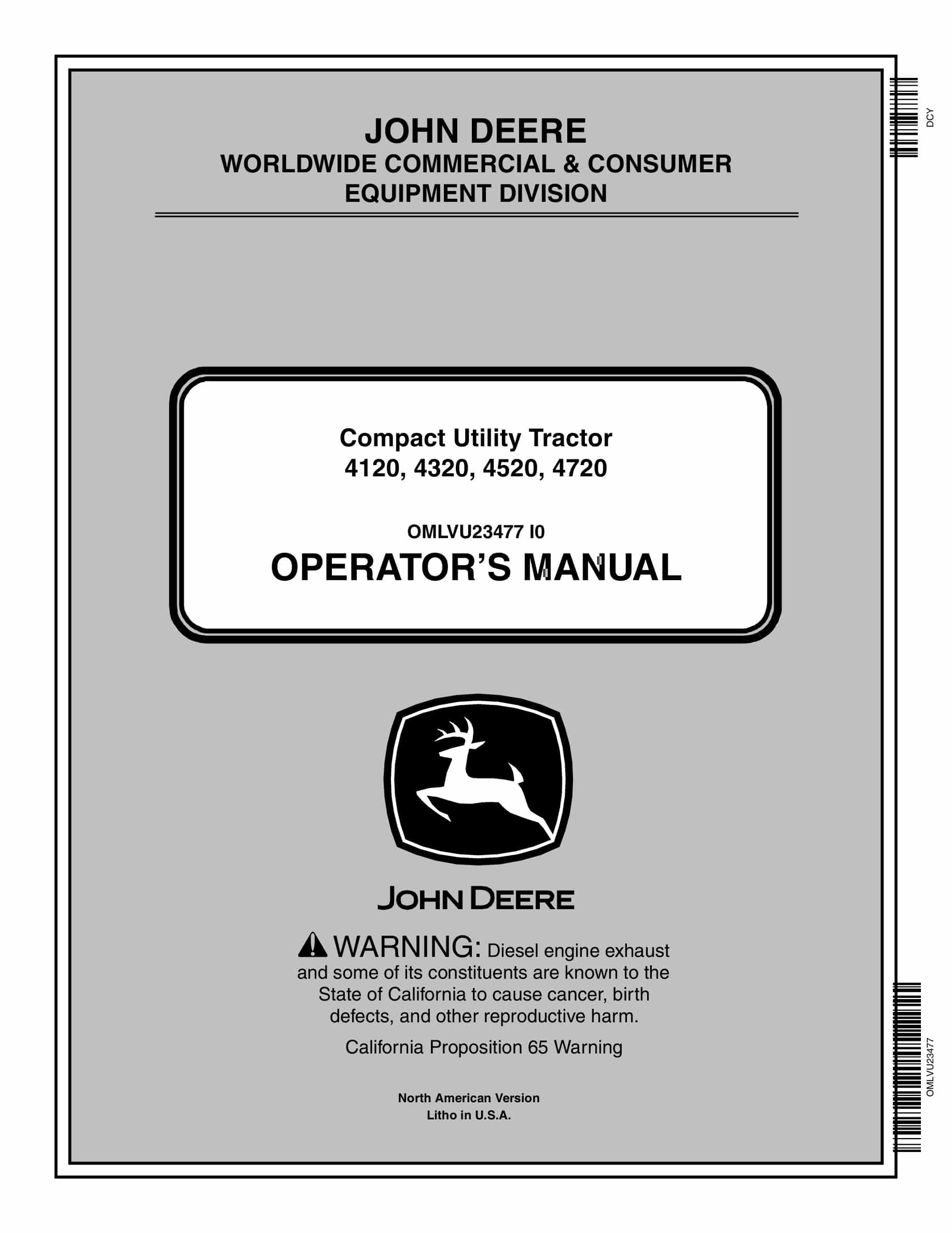John Deere 4120, 4320, 4520, 4720 Tractor Operator Manual OMLVU23477-1