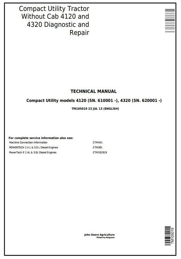 John Deere 4120 4320 Compact Utility Tractor Diagnostic Repair Manual TM105019