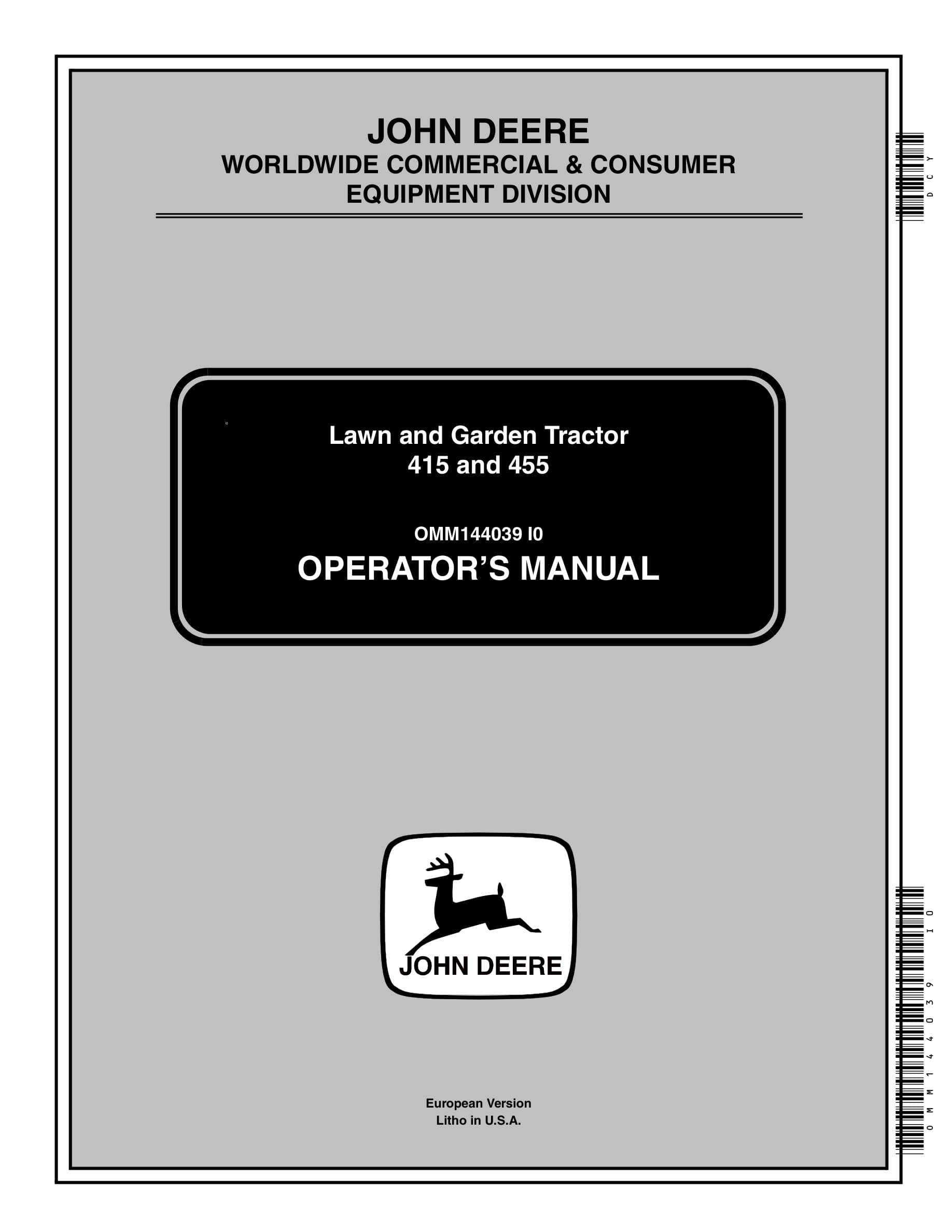 John Deere 415 And 455 Lawn And Garden Tractors Operator Manual OMM144039-1