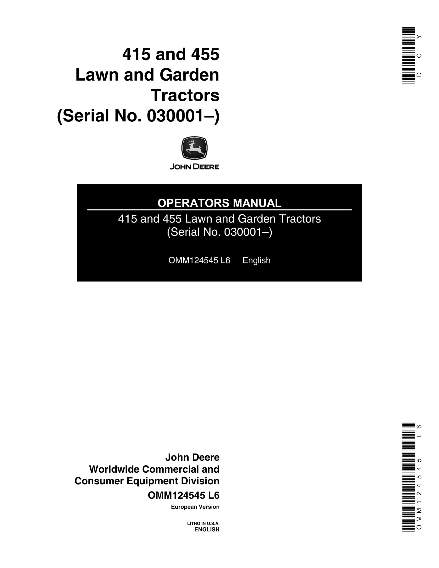 John Deere 415 And 455 Lawn And Garden Tractors Operator Manuals OMM124545-1