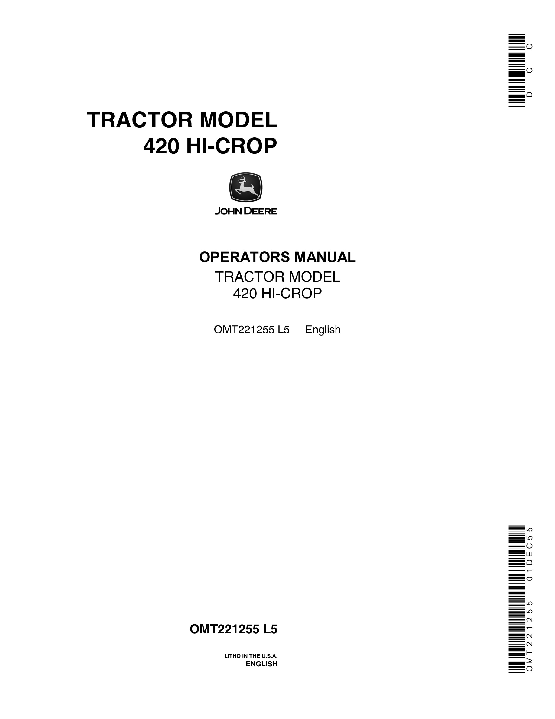 John Deere 420 Hi-crop Tractors Operator Manuals OMT221255-1