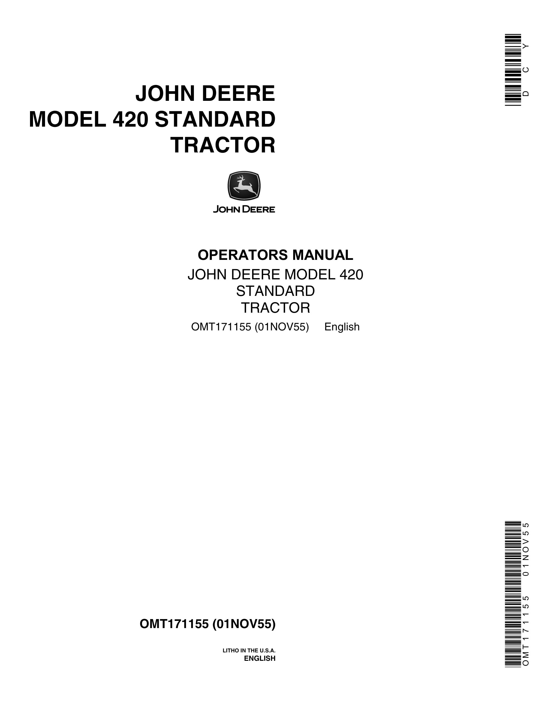 John Deere 420 Tractor Operator Manual OMT171155-1