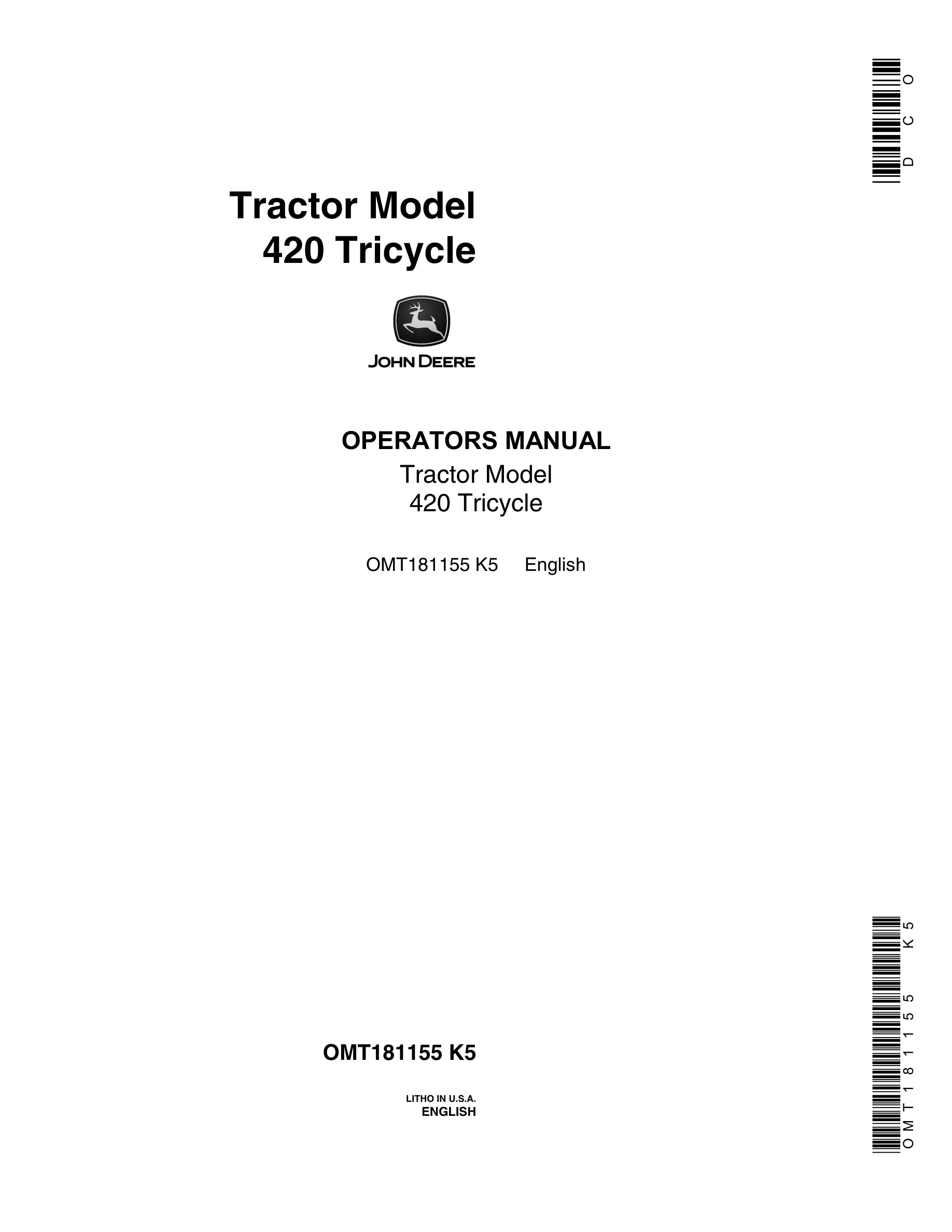 John Deere 420 Tractor Operator Manual OMT181155-1